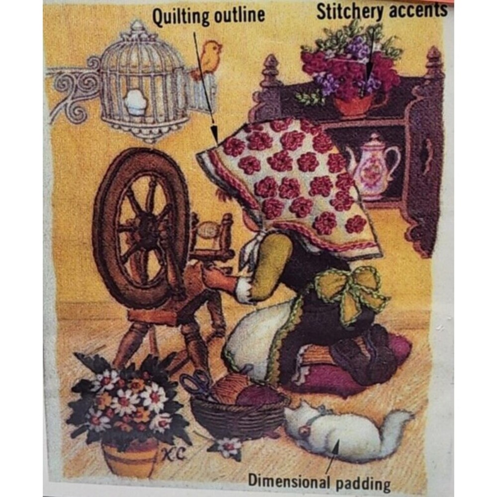 Donald Art Trapunto Crewel Embroidery Cat Rare Vintage Hannah's Spinner Quilting